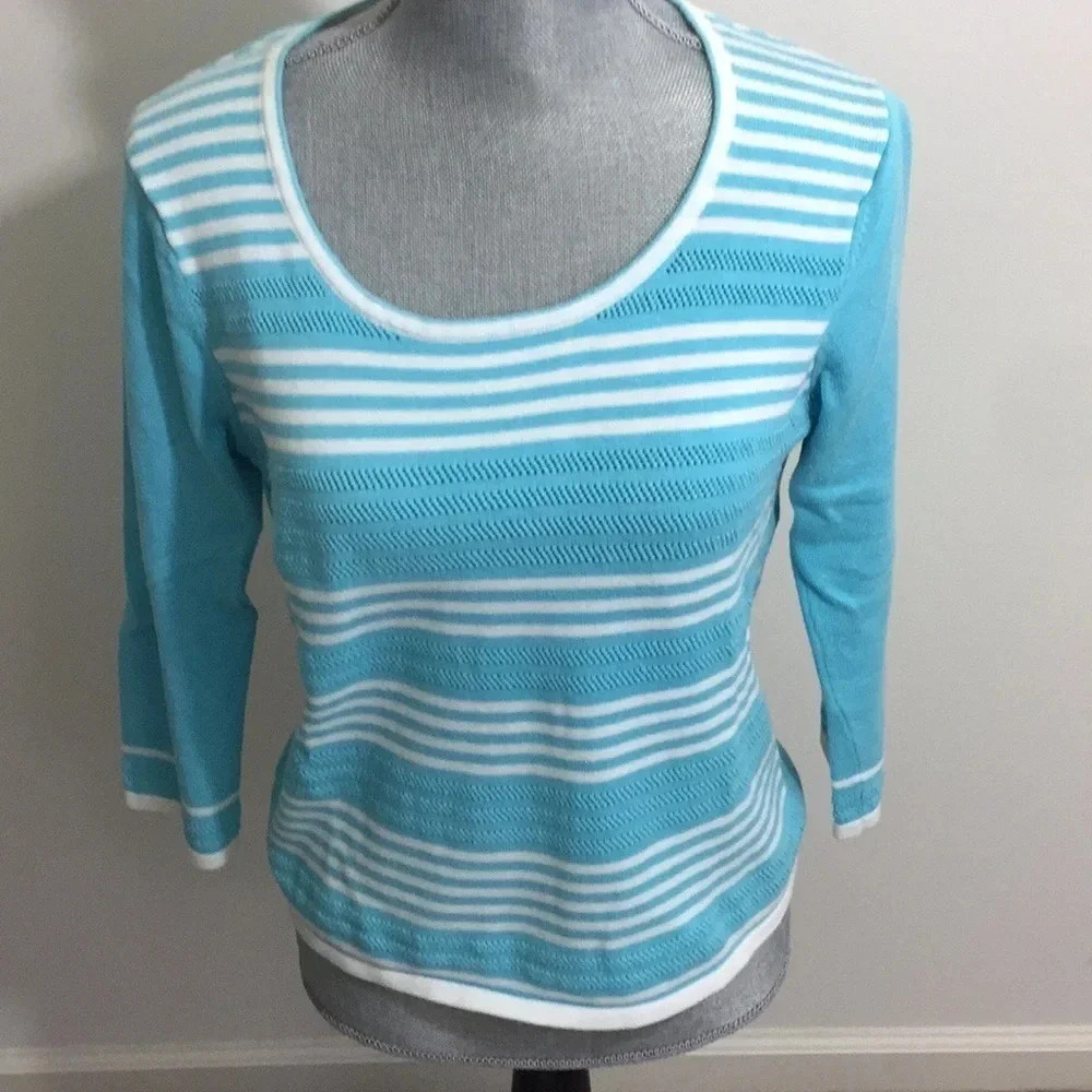 World Republic Blue and White Stripped lightweight 3/4 sleeve Sweater